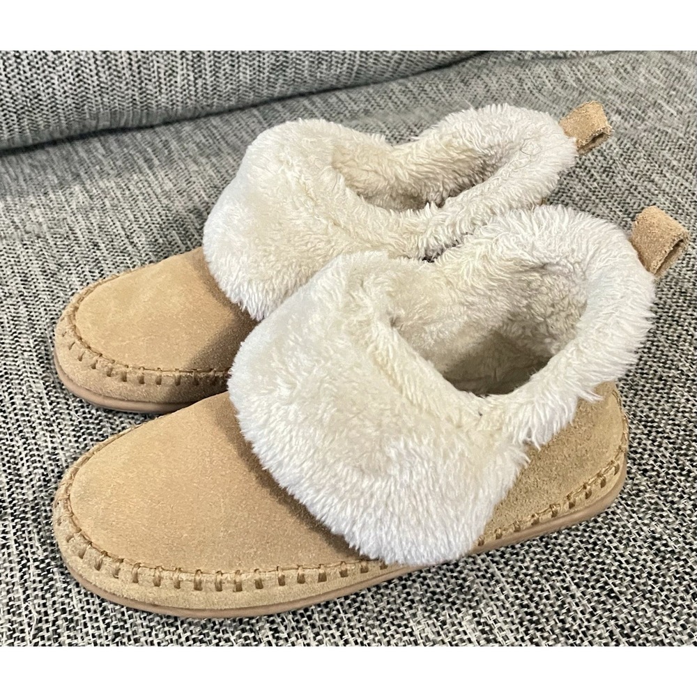 Minnetonka Mens Suede Sherpa Fur Lined Moccasin Slipper 40582 Size 8 Tan/Cream - Picture 4 of 8